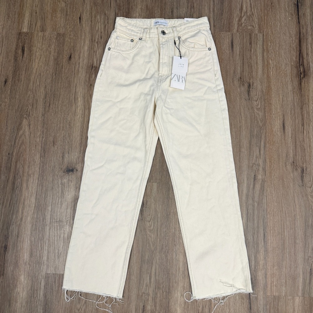 Zara Ankle High Rise Jeans Womens 4 Beige Denim Straight Leg Frayed Button Fly
